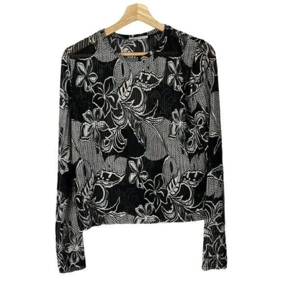 Zara Black & White Floral Cropped Mesh Long Sleeve L